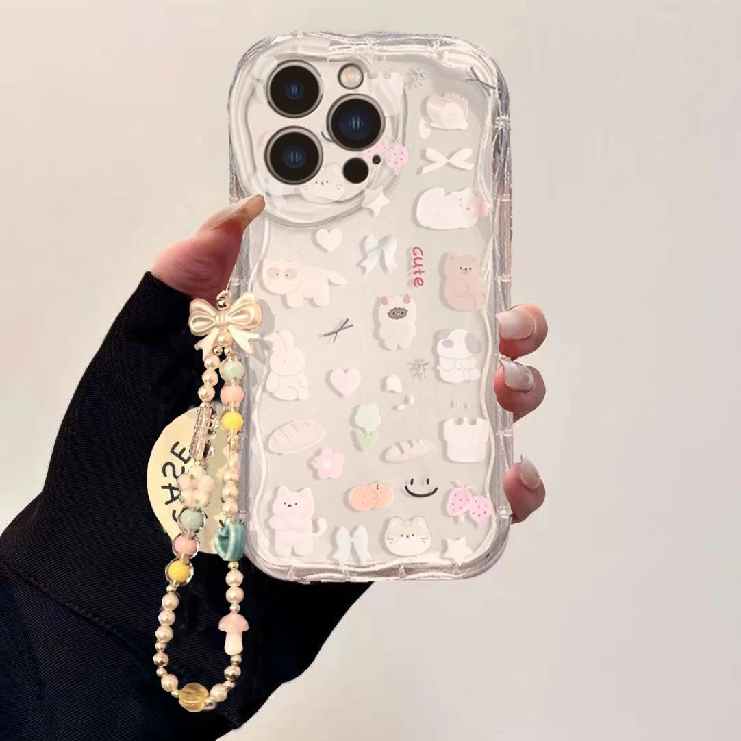 Cute Cartoon Wrist Strap Silicone Case - Чехол-цепочка с милым котом и бантом