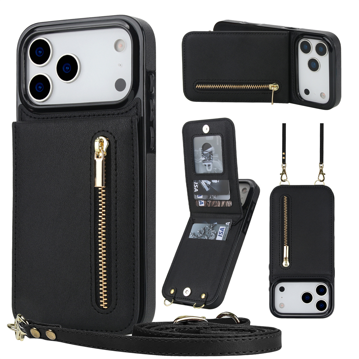 Leather Wallet Card Holder Phone Cover - Кожаный чехол-кошелек на молнии через плечо