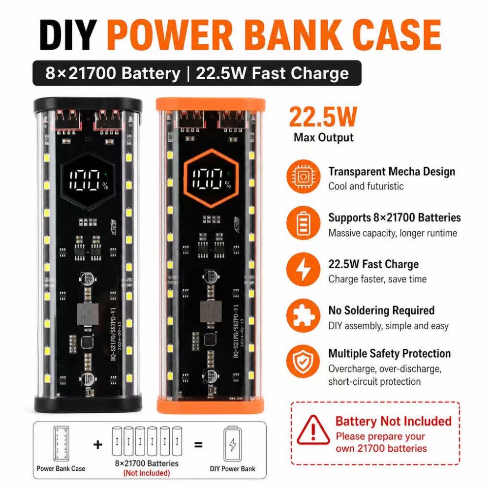 Power Banks - Корпус для аккумуляторов 8*21700, 22.5W, быстрая