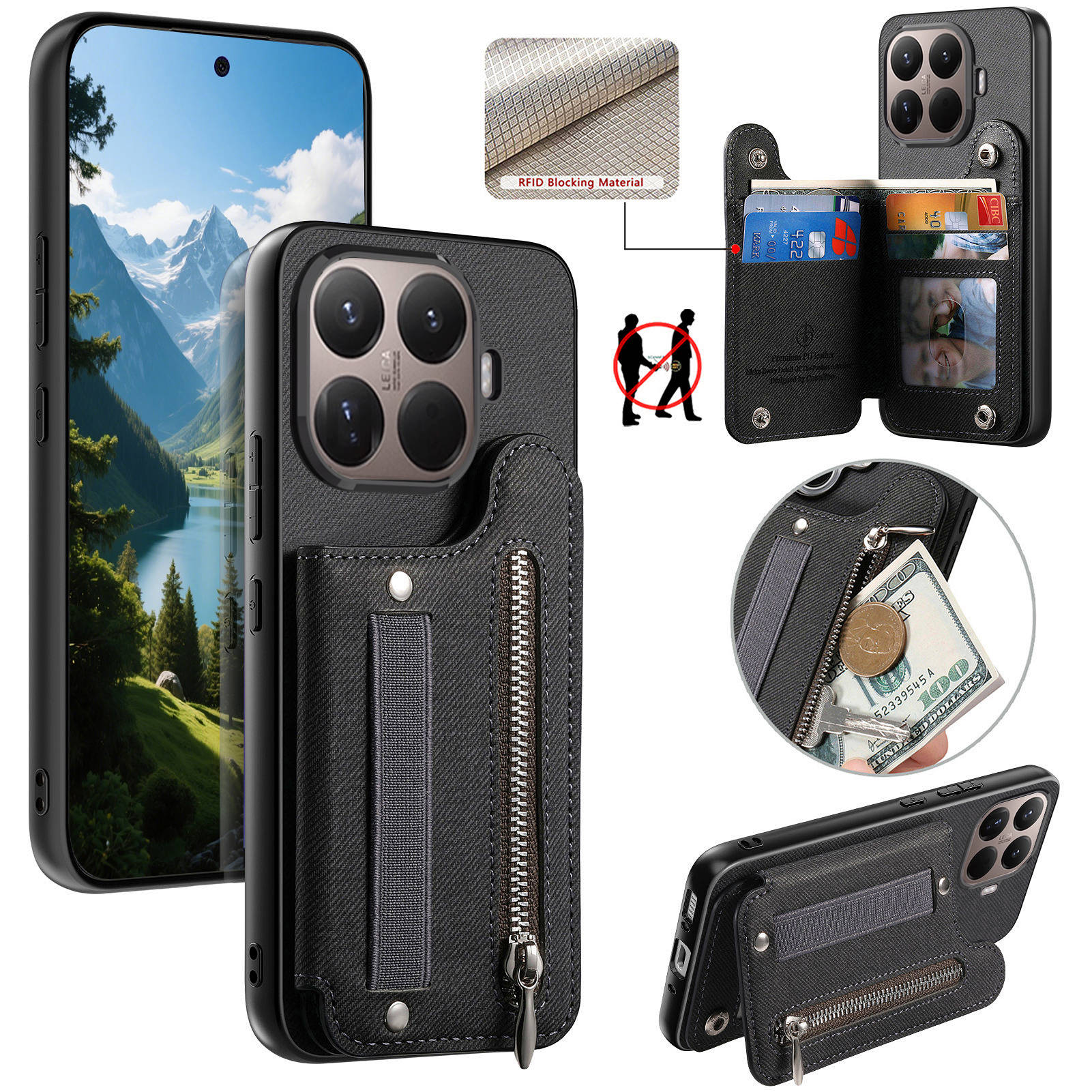 Leather Wallet Card Holder Phone Cover - Кожаный чехол-кошелек на молнии с RFID-защитой